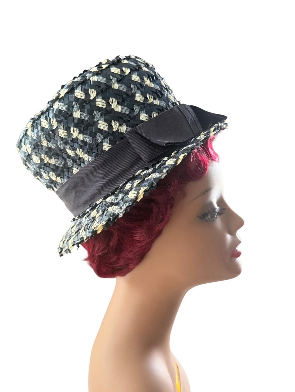 Vintage 1970s Woven Straw Hat, Mod Bucket, Ribbon and Bow, Blue White, Formal - Picture 3 of 7